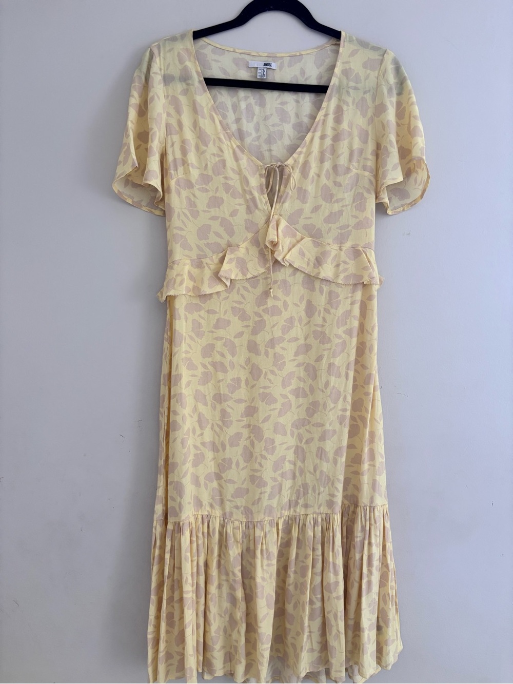 Society Amuse Light Yellow Leaf-Print Midi Dress with Ruffle Detail